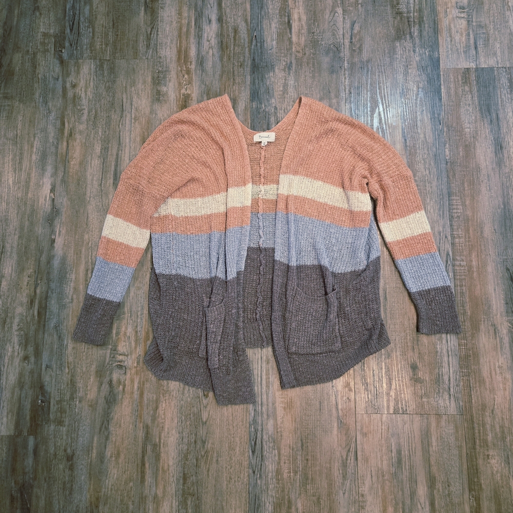 Striped Becaal Cozy Cardigan Sweater in Peach, Blue & Gray